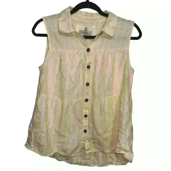 Cupio Women’s Size Medium Tank Shirt Top Yellow White Button Sleeveless Striped - Picture 2 of 4